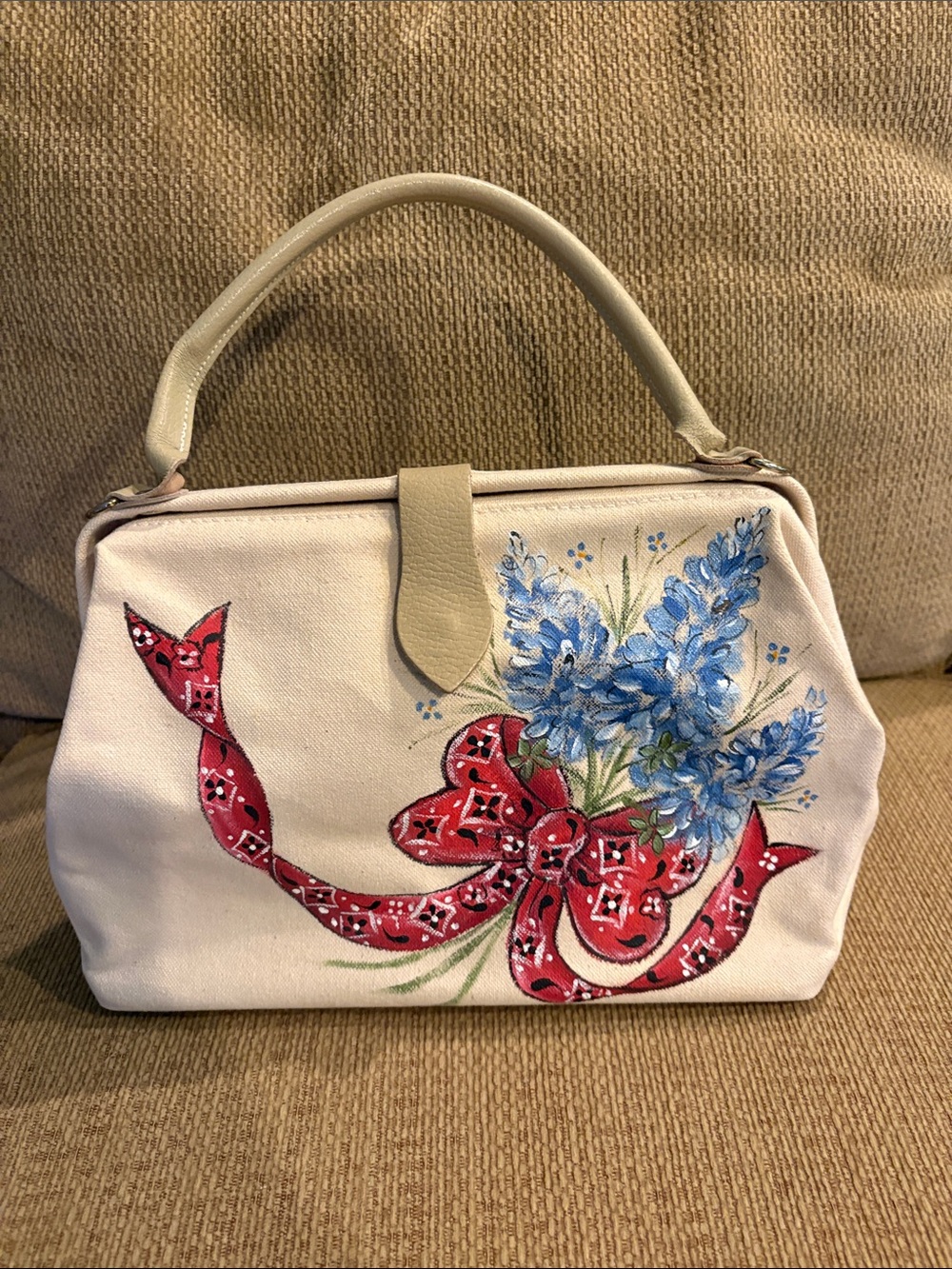Hand-Painted Cream Canvas Top-Handle Bag with Blue Floral, red bandana, leather.